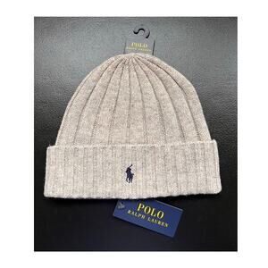 Polo Ralph Lauren Beanie Men's Oatmeal Heather Pony Wool Blend Rib Knit Cuff NEW
